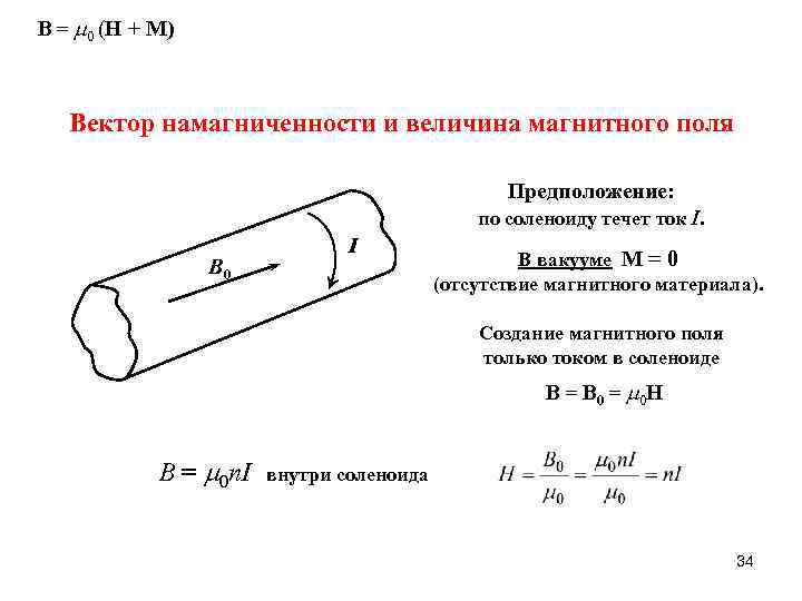 B = 0 (H + M) Вектор намагниченности и величина магнитного поля Предположение: по