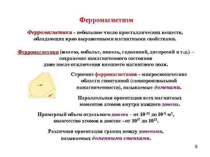Ферромагнетизм Ферромагнетики - небольшое число кристаллических веществ, обладающих ярко выраженными магнитными свойствами. Ферромагнетики (железо,