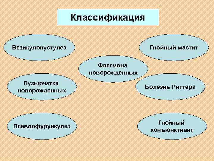 Классификация Везикулопустулез Гнойный мастит Флегмона новорожденных Пузырчатка новорожденных Псевдофурункулез Болезнь Риттера Гнойный конъюнктивит 