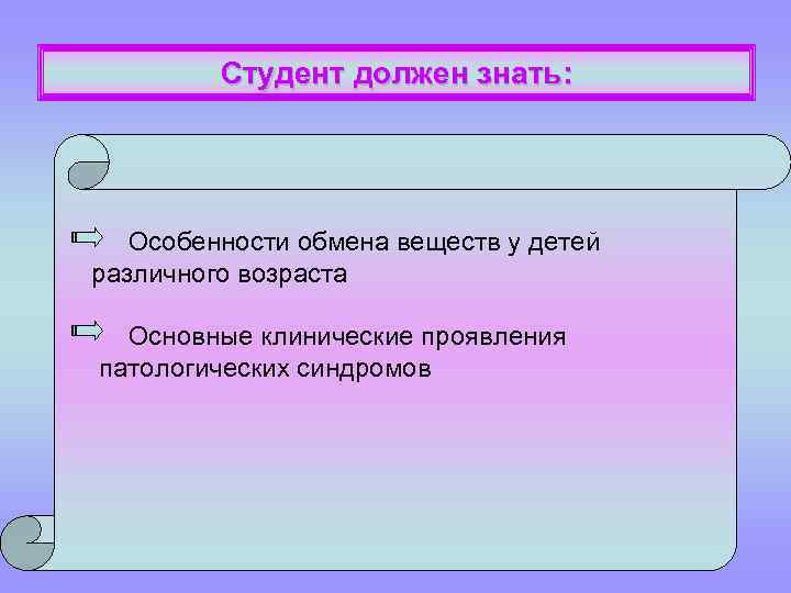 Студент должен знать: Особенности обмена веществ у детей различного возраста Основные клинические проявления патологических