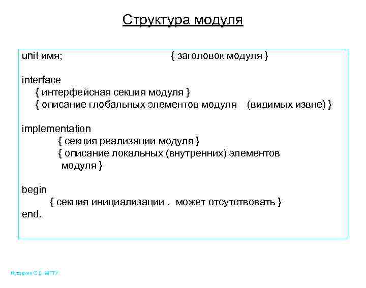 Структура модуля unit имя; { заголовок модуля } interface { интерфейсная секция модуля }