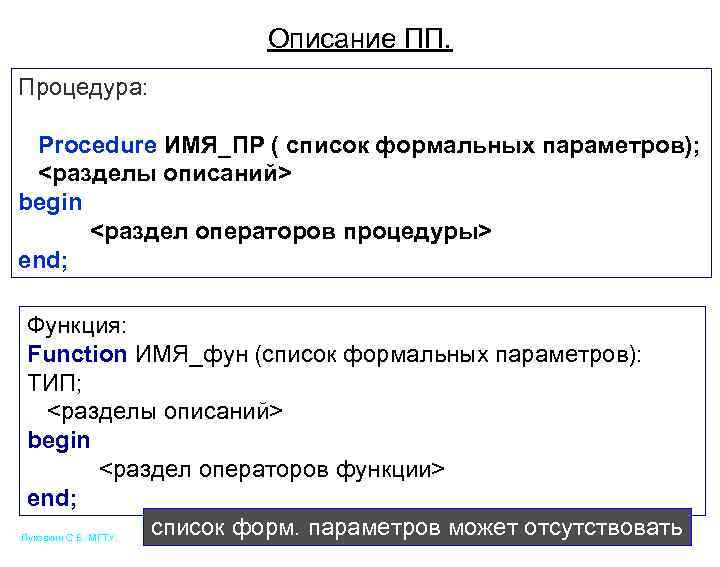 Описание ПП. Процедура: Procedure ИМЯ_ПР ( список формальных параметров); <разделы описаний> begin <раздел операторов