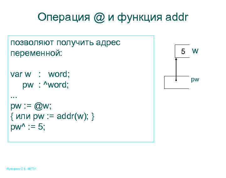 Операция @ и функция addr позволяют получить адрес переменной: var w : word; pw