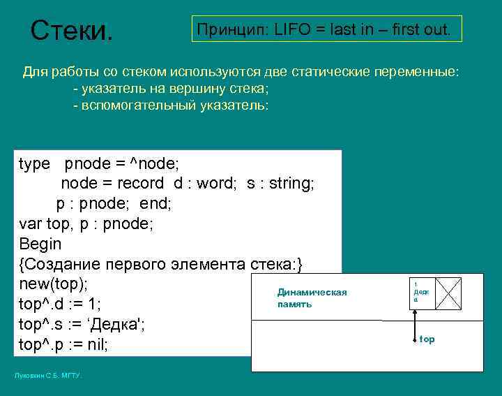Стеки. Принцип: LIFO = last in – first out. Для работы со стеком используются