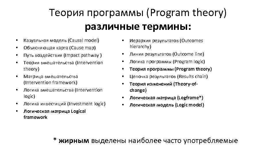 Теория программы (Program theory) различные термины: • • Казуальная модель (Causal model) Объясняющая карта