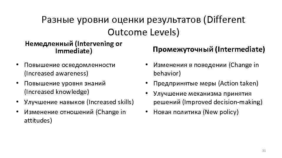 Разные уровни оценки результатов (Different Outcome Levels) Немедленный (Intervening or Immediate) • Повышение осведомленности