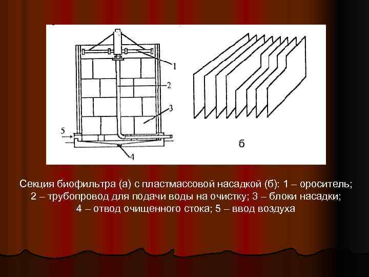 Секция биофильтра (а) с пластмассовой насадкой (б): 1 – ороситель; 2 – трубопровод для
