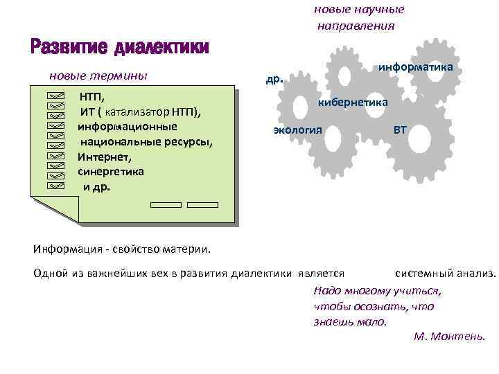 новые научные направления Развитие диалектики новые термины НТП, ИТ ( катализатор НТП), информационные национальные