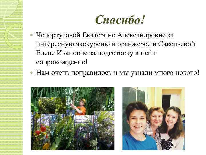 Спасибо! Чепортузовой Екатерине Александровне за интересную экскурсию в оранжерее и Савельевой Елене Ивановне за