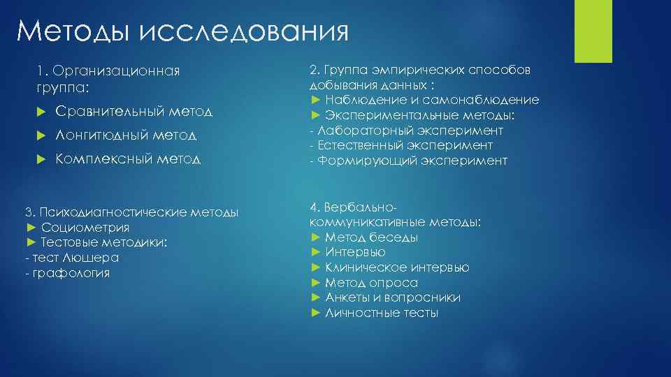 Методы исследования 1. Организационная группа: Сравнительный метод Лонгитюдный метод Комплексный метод 3. Психодиагностические методы