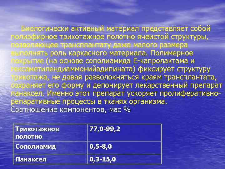  Биологически активный материал представляет собой полиэфирное трикотажное полотно ячеистой структуры, позволяющее трансплантату даже