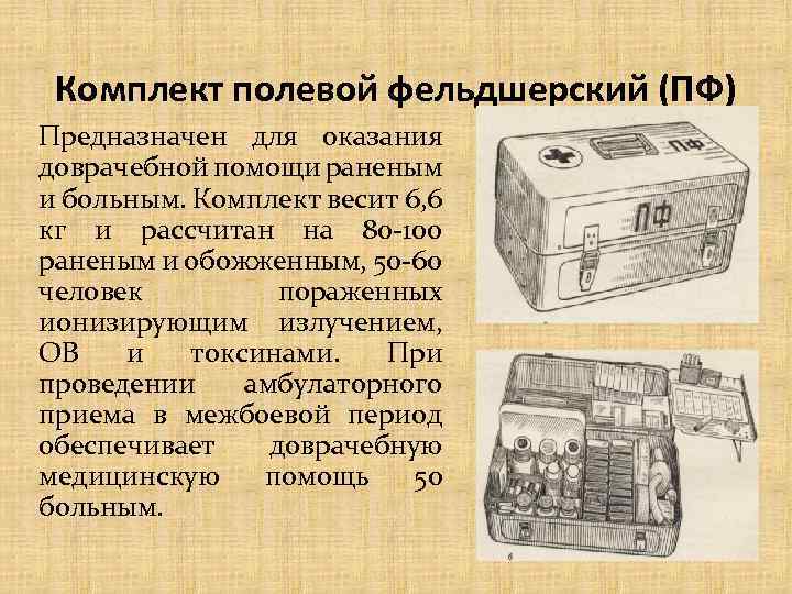 Комплект полевой фельдшерский (ПФ) Предназначен для оказания доврачебной помощи раненым и больным. Комплект весит