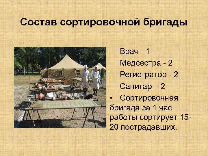 Состав сортировочной бригады Врач - 1 Медсестра - 2 Регистратор - 2 Санитар –