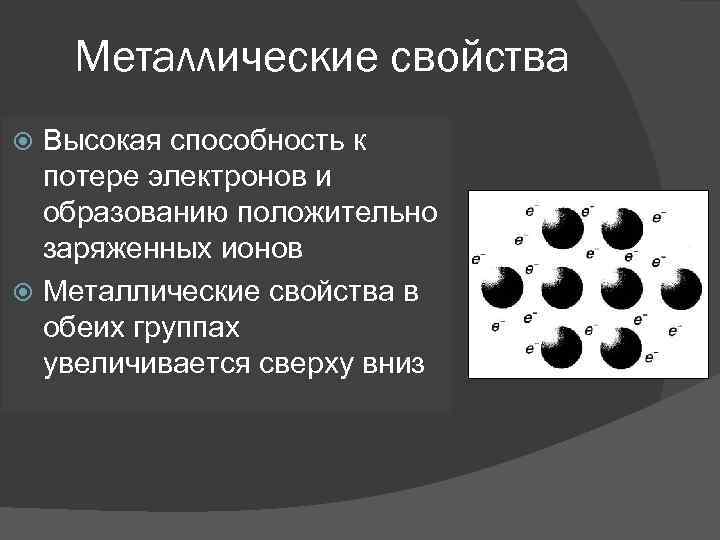 Металлические свойства Высокая способность к потере электронов и образованию положительно заряженных ионов Металлические свойства