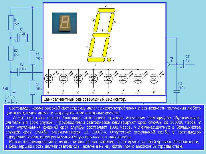 Семисегментный одноразрядный индикатор. Светодиоды кроме высокой светоотдачи, малого энергопотребления и возможности получения любого цвета