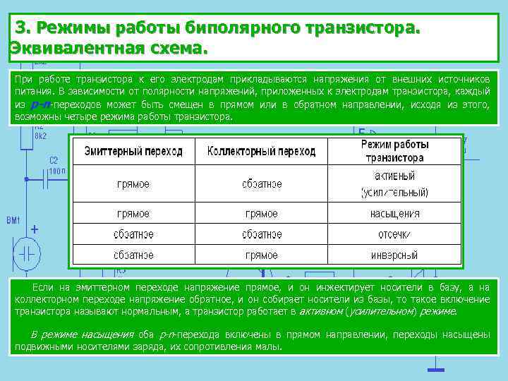3. Режимы работы биполярного транзистора. Эквивалентная схема. При работе транзистора к его электродам прикладываются