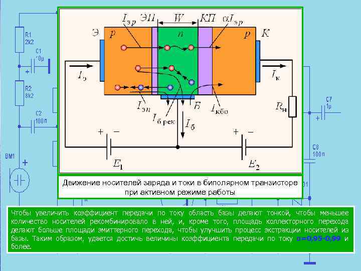 Движение носителей заряда и токи в биполярном транзисторе при активном режиме работы Чтобы увеличить