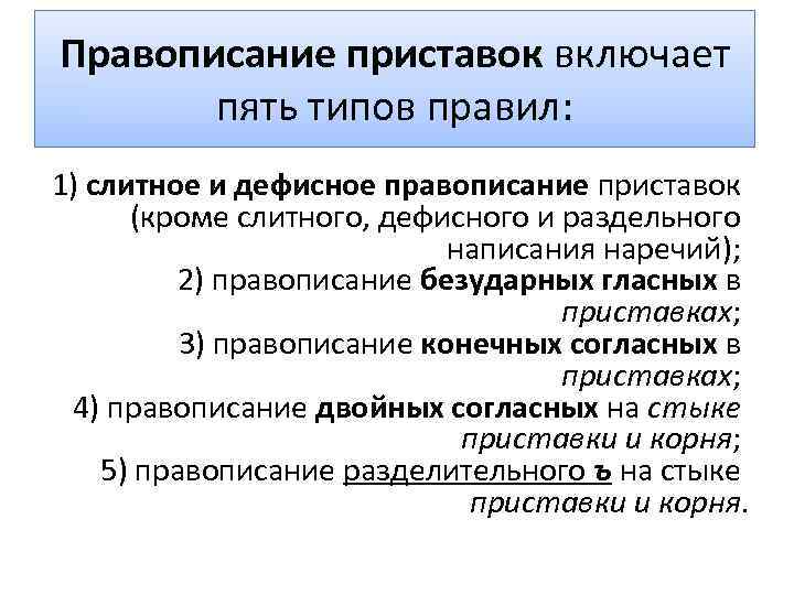 Правописание приставок включает пять типов правил: 1) слитное и дефисное правописание приставок (кроме слитного,
