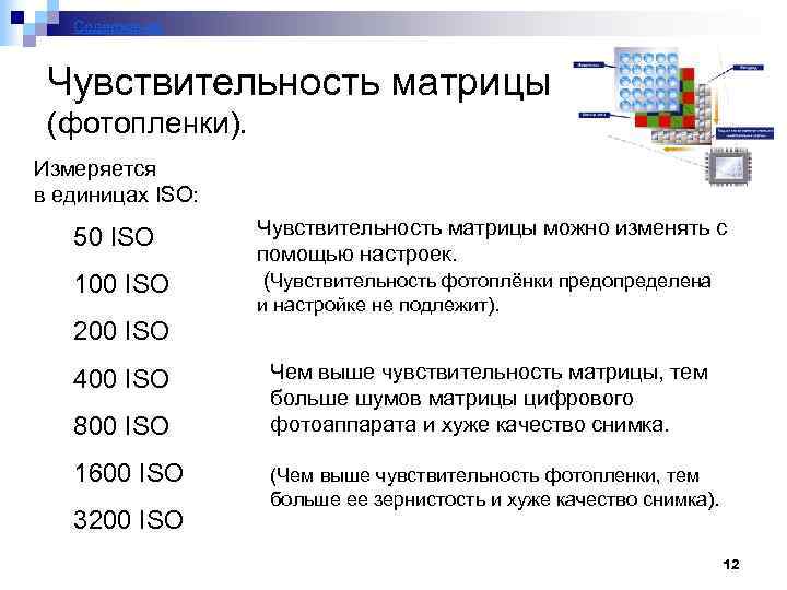 Содержание Чувствительность матрицы (фотопленки). Измеряется в единицах ISO: 50 ISO 100 ISO Чувствительность матрицы