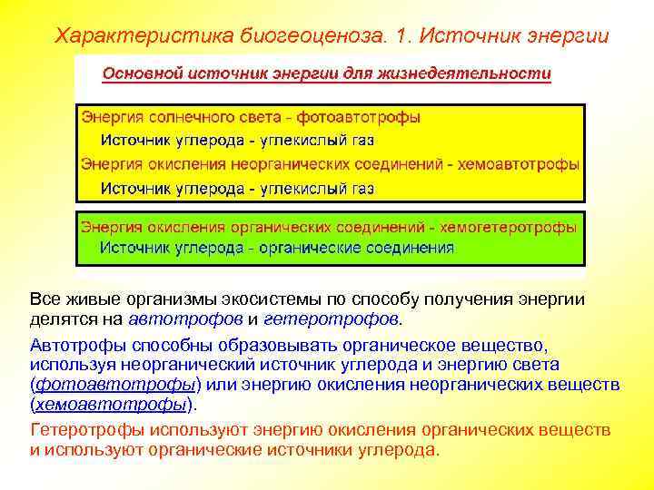 Характеристика биогеоценоза. 1. Источник энергии Все живые организмы экосистемы по способу получения энергии делятся