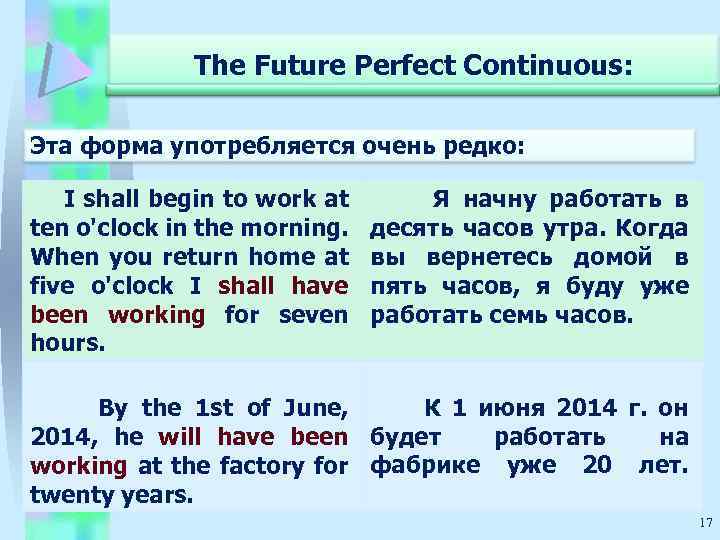 The Future Perfect Continuous: Эта форма употребляется очень редко: I shall begin to work