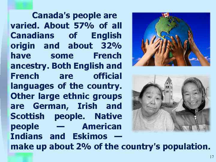 Canada's people are varied. About 57% of all Canadians of English origin and about