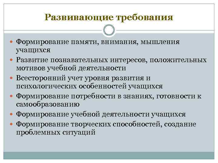 Развивающие требования Формирование памяти, внимания, мышления учащихся Развитие познавательных интересов, положительных мотивов учебной деятельности