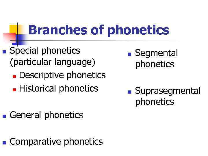 Branches of phonetics n Special phonetics (particular language) n Descriptive phonetics n Historical phonetics