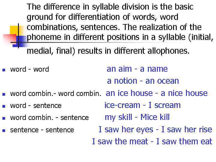 The difference in syllable division is the basic ground for differentiation of words, word