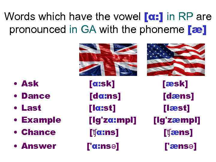 Words which have the vowel [α: ] in RP are pronounced in GA with