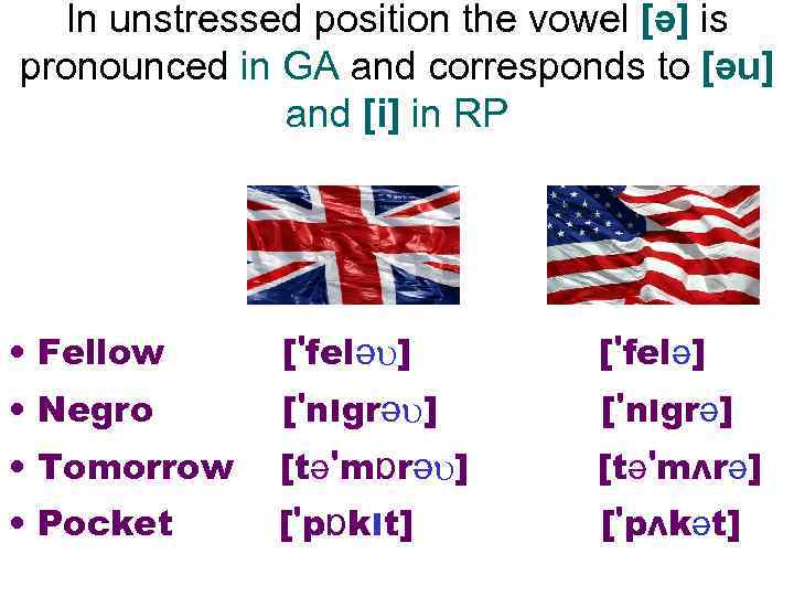 In unstressed position the vowel [ə] is pronounced in GA and corresponds to [əu]