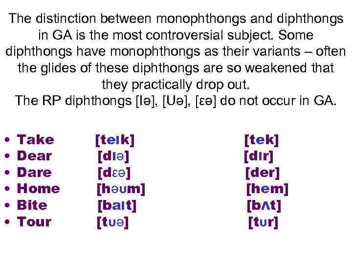 The distinction between monophthongs and diphthongs in GA is the most controversial subject. Some