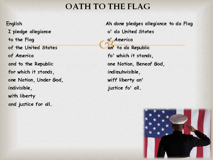 OATH TO THE FLAG English I pledge allegiance to the Flag of the United