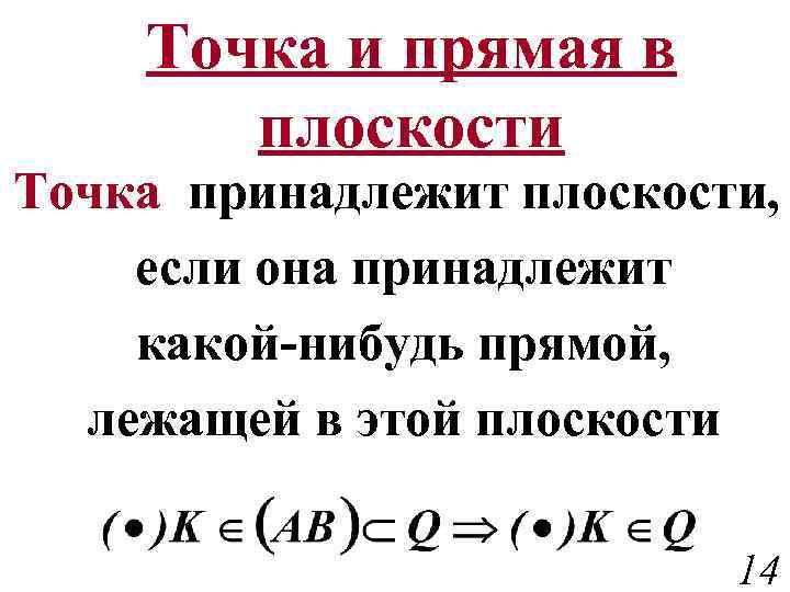 Точка и прямая в плоскости Точка принадлежит плоскости, если она принадлежит какой-нибудь прямой, лежащей