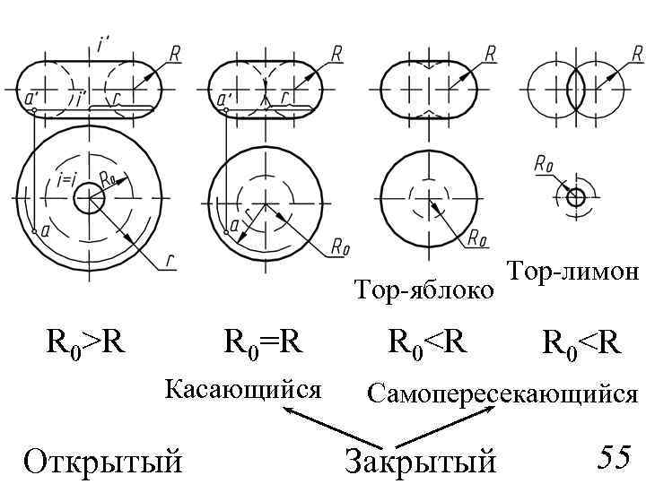 Тор-яблоко R 0>R R 0=R Касающийся Открытый R 0<R Тор-лимон R 0<R Самопересекающийся Закрытый