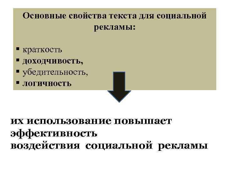 Основные свойства текста для социальной рекламы: § краткость § доходчивость, § убедительность, § логичность