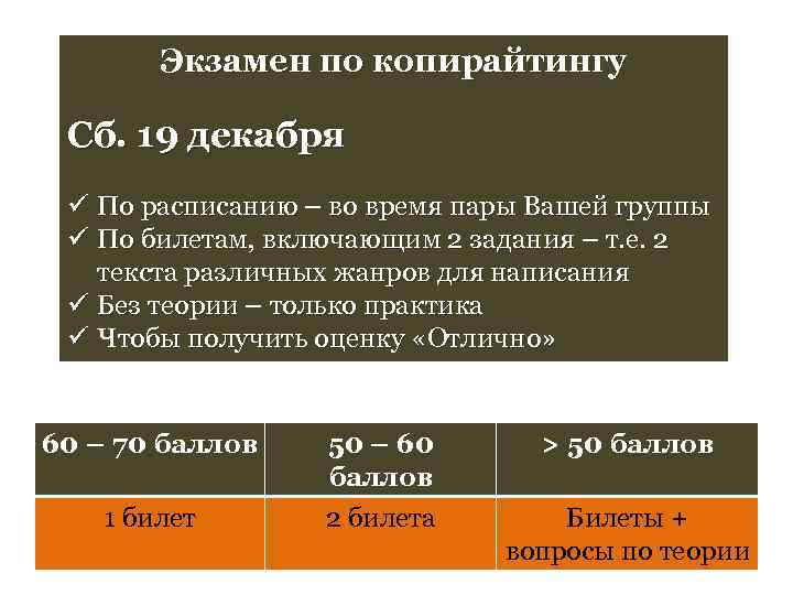 Экзамен по копирайтингу Сб. 19 декабря ü По расписанию – во время пары Вашей