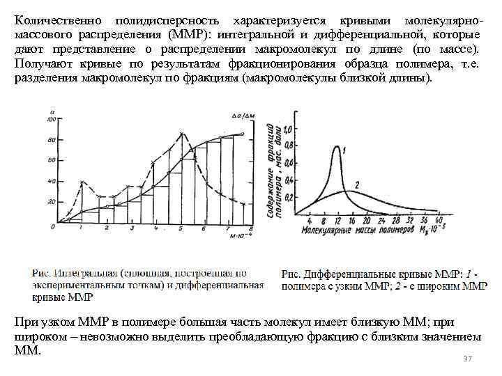 Количественно полидисперсность характеризуется кривыми молекулярномассового распределения (ММР): интегральной и дифференциальной, которые дают представление о