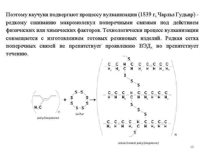 Поэтому каучуки подвергают процессу вулканизации (1839 г, Чарльз Гудьир) редкому сшиванию макромолекул поперечными связями