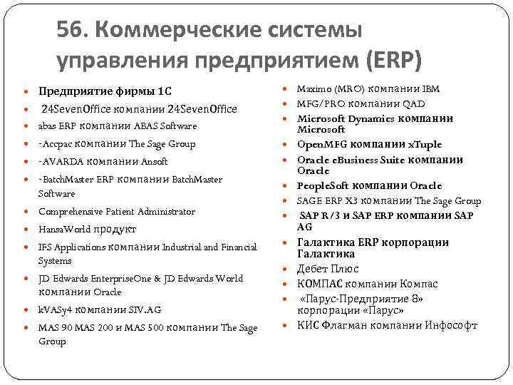 56. Коммерческие системы управления предприятием (ERP) Предприятие фирмы 1 C 24 Seven. Office компании