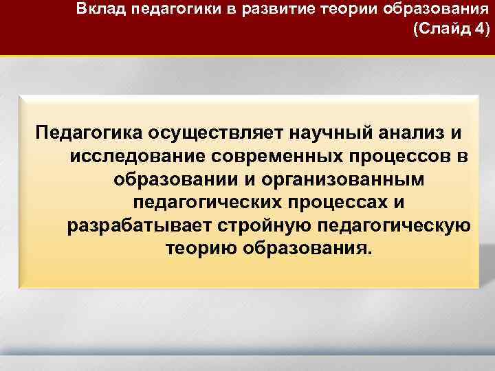Вклад педагогики в развитие теории образования (Слайд 4) Педагогика осуществляет научный анализ и исследование