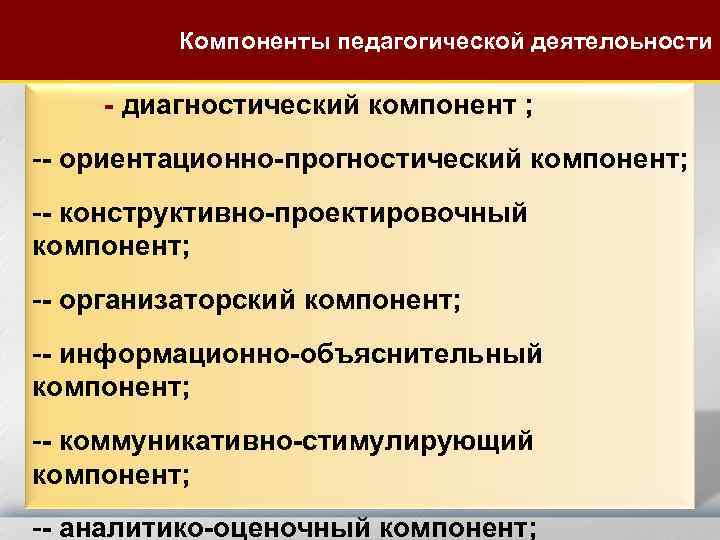 Компоненты педагогической деятелоьности - диагностический компонент ; -- ориентационно-прогностический компонент; -- конструктивно-проектировочный компонент; --