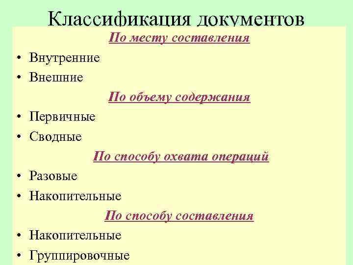 Классификация документов По месту составления • Внутренние • Внешние По объему содержания • Первичные