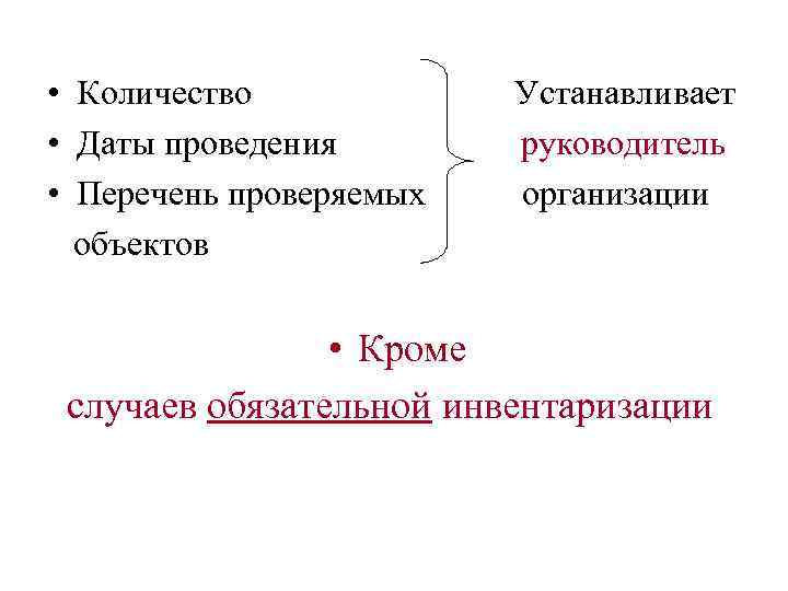  • Количество • Даты проведения • Перечень проверяемых объектов Устанавливает руководитель организации •