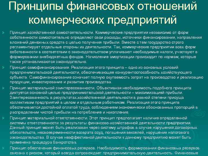 Принципы экономической деятельности. Принципы организации финансовых отношений. Принципы организации финансовых отношений предприятий. Принципы финансовых отношений коммерческих организаций. Основные принципы финансов коммерческих организаций.