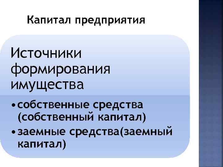 Капитал предприятия Источники формирования имущества • собственные средства (собственный капитал) • заемные средства(заемный капитал)