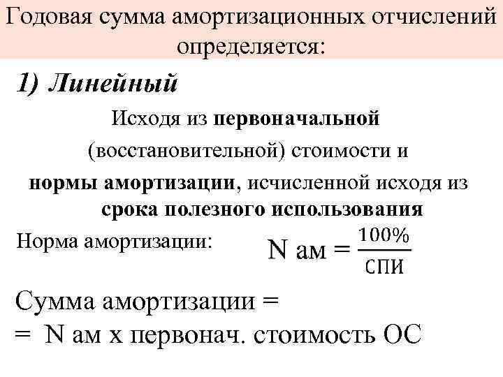 Годовая сумма амортизационных отчислений определяется: 1) Линейный Исходя из первоначальной (восстановительной) стоимости и нормы