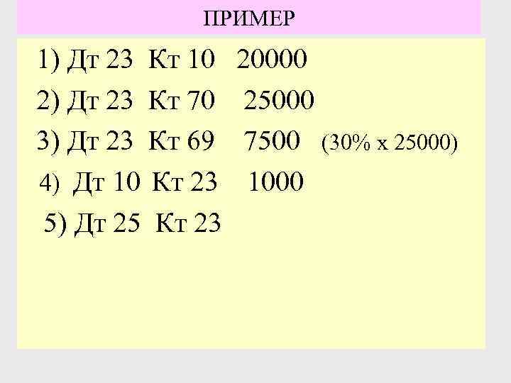 ПРИМЕР 1) Дт 23 Кт 10 2) Дт 23 Кт 70 3) Дт 23