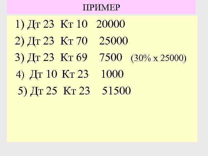 ПРИМЕР 1) Дт 23 Кт 10 2) Дт 23 Кт 70 3) Дт 23