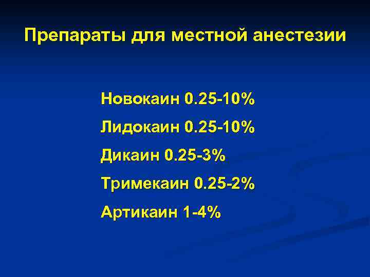 Препараты для местной анестезии Новокаин 0. 25 -10% Лидокаин 0. 25 -10% Дикаин 0.